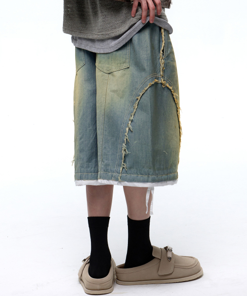 INCISION WASHING DENIM BERMUDA PANTS - LIGHT DENIM