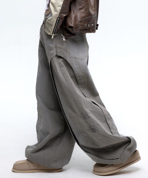 CURVED INCISION BALLOON DENIM PANTS - GRAY