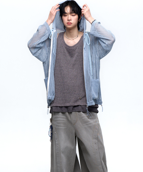 DENIM PATCHED KNIT HOOD ZIP UP - BLUE