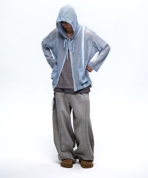 DENIM PATCHED KNIT HOOD ZIP UP - BLUE
