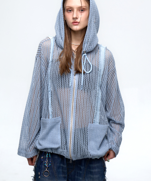 DENIM PATCHED KNIT HOOD ZIP UP - BLUE
