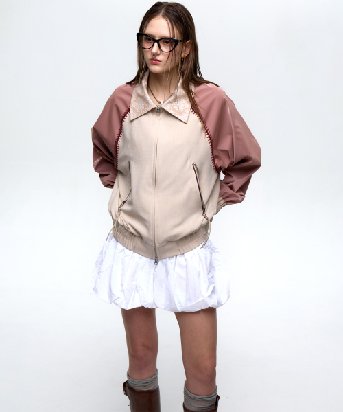 STITCHED RAGLAN BLOUSON - PINK/BEIGE