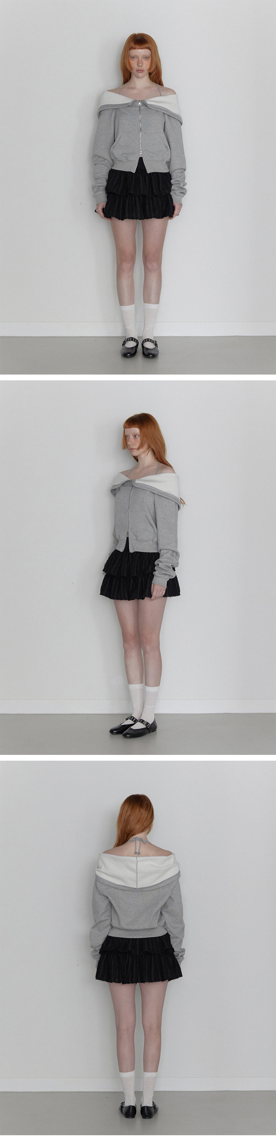Open Halter Hoodie Zip-Up Melange Gray 상세 이미지 2