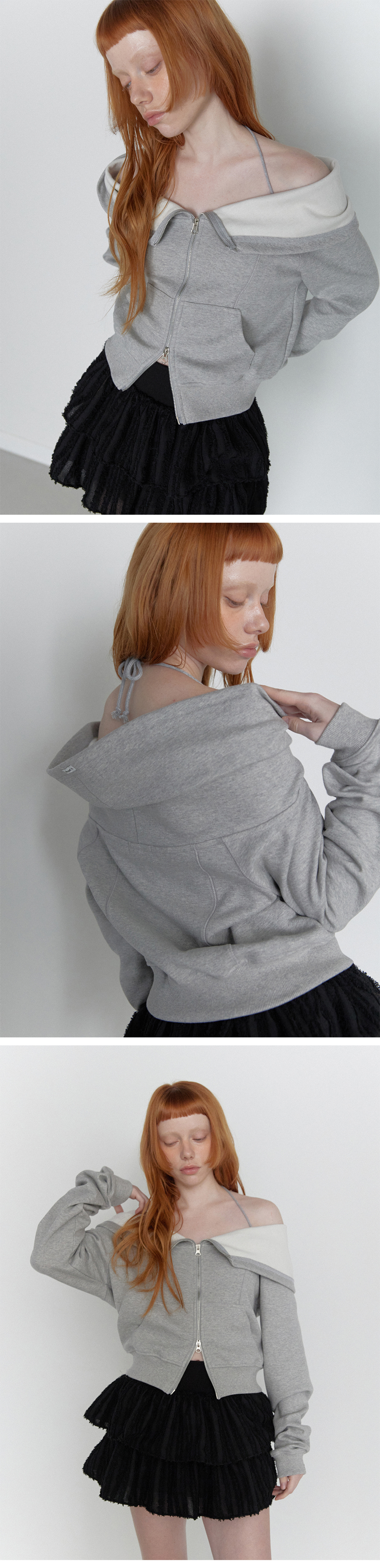 Open Halter Hoodie Zip-Up Melange Gray 상세 이미지 3