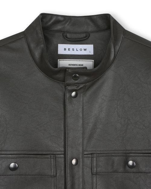VEGAN LEATHER STAND COLLAR JACKET DARK MOCHA