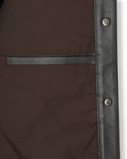 VEGAN LEATHER STAND COLLAR JACKET DARK MOCHA