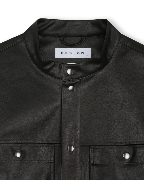 VEGAN LEATHER STAND COLLAR JACKET BLACK
