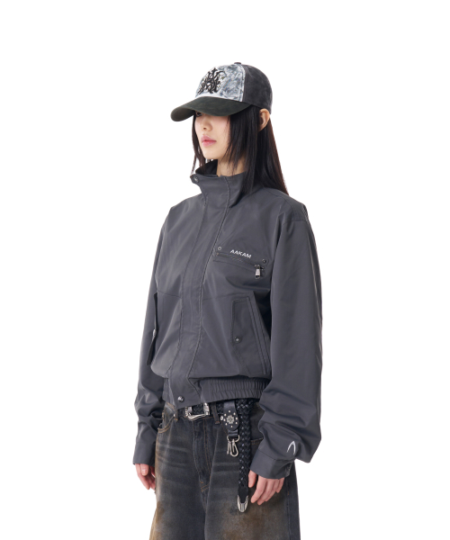 High-Neck Button Jacket (Dark Gray)