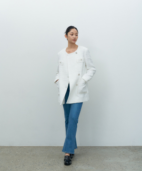 Твидовый оверсайз жакет с бахромой White MBESJK006WH