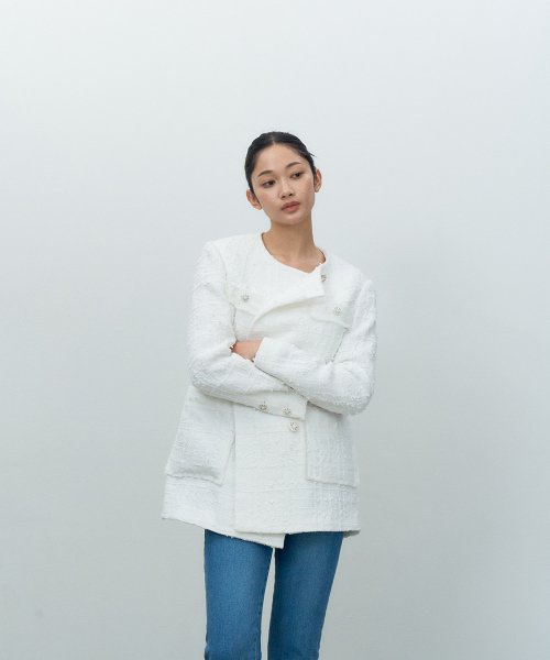 Твидовый оверсайз жакет с бахромой White MBESJK006WH