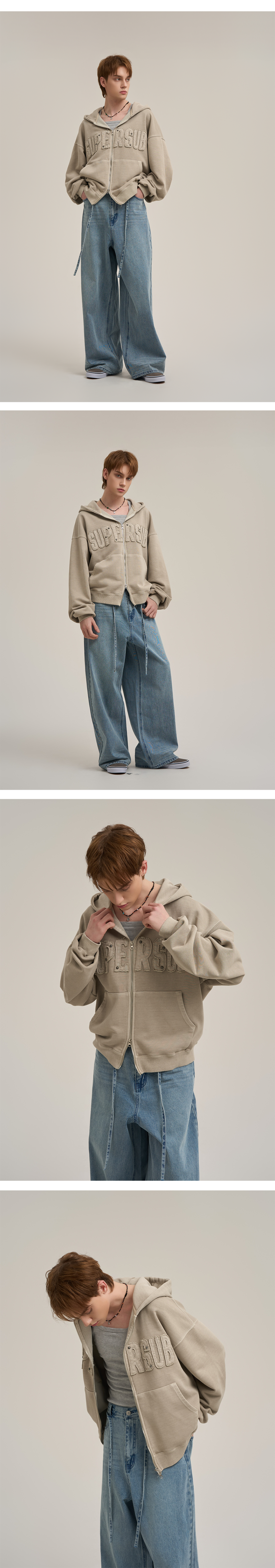 스터드 아플리케 후드 집업 - 피그먼트 베이지 상세 이미지 1