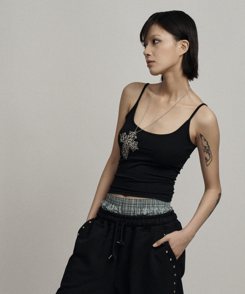 Black leopard cross necklace sleeveless