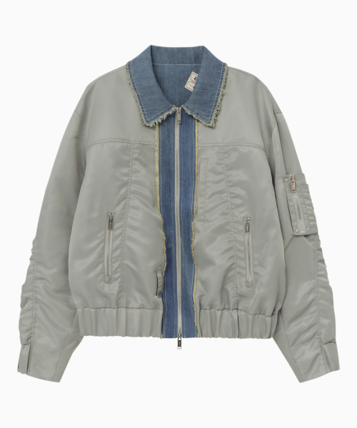 Нейлоновый бомбер с денимом - Light Khaki