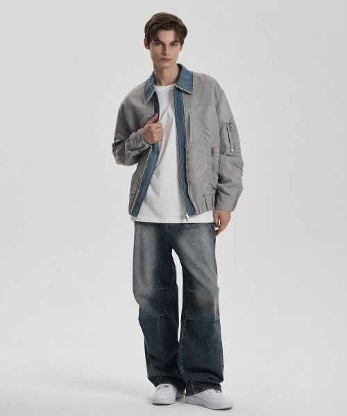 Нейлоновый бомбер с денимом - Light Khaki