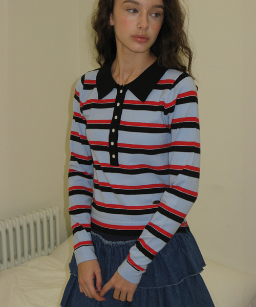 STRIPE HENRYNECK COLLAR SLIM LONG SLEEVE KNIT BLUE RED