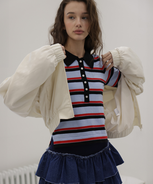 STRIPE HENRYNECK COLLAR SLIM LONG SLEEVE KNIT BLUE RED