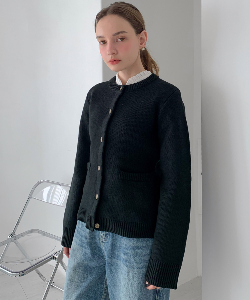 Round Neck Single Button Cardigan черный