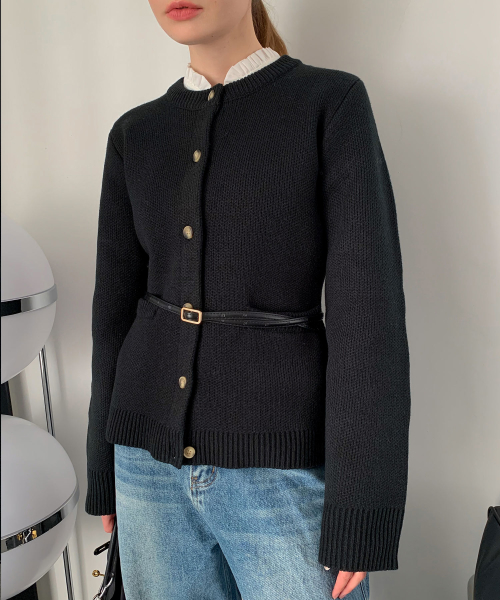 Round Neck Single Button Cardigan черный