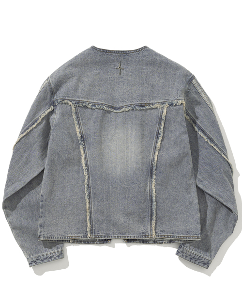 Cut Off Side Line V-Neck Denim куртка - Light Blue