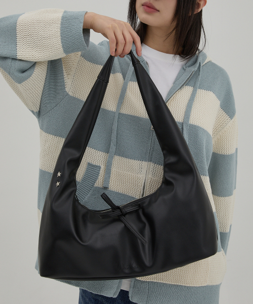 Artificial Leather Ribbon Hobo Bag черный