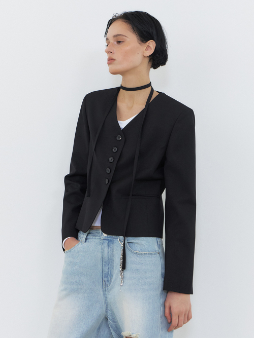 V-Neck Tie Stitch Jacket, Black