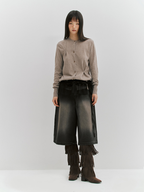 PINCHED SLIT KNIT CARDIGAN - BEIGE