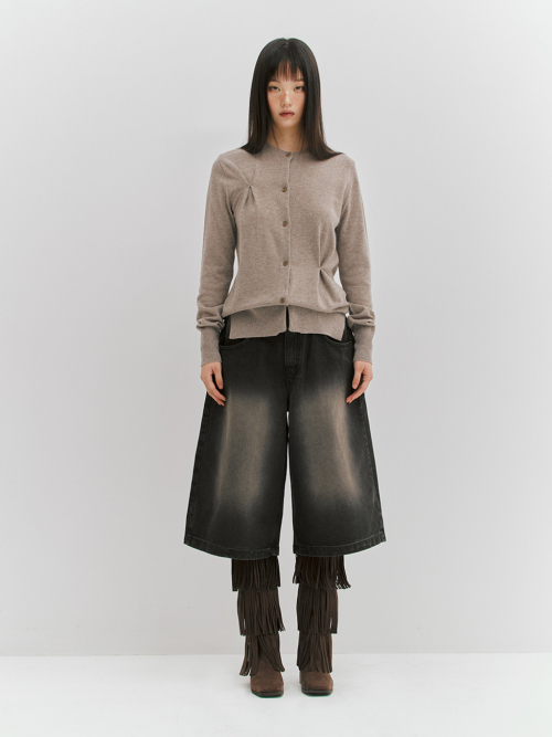 PINCHED SLIT KNIT CARDIGAN - BEIGE
