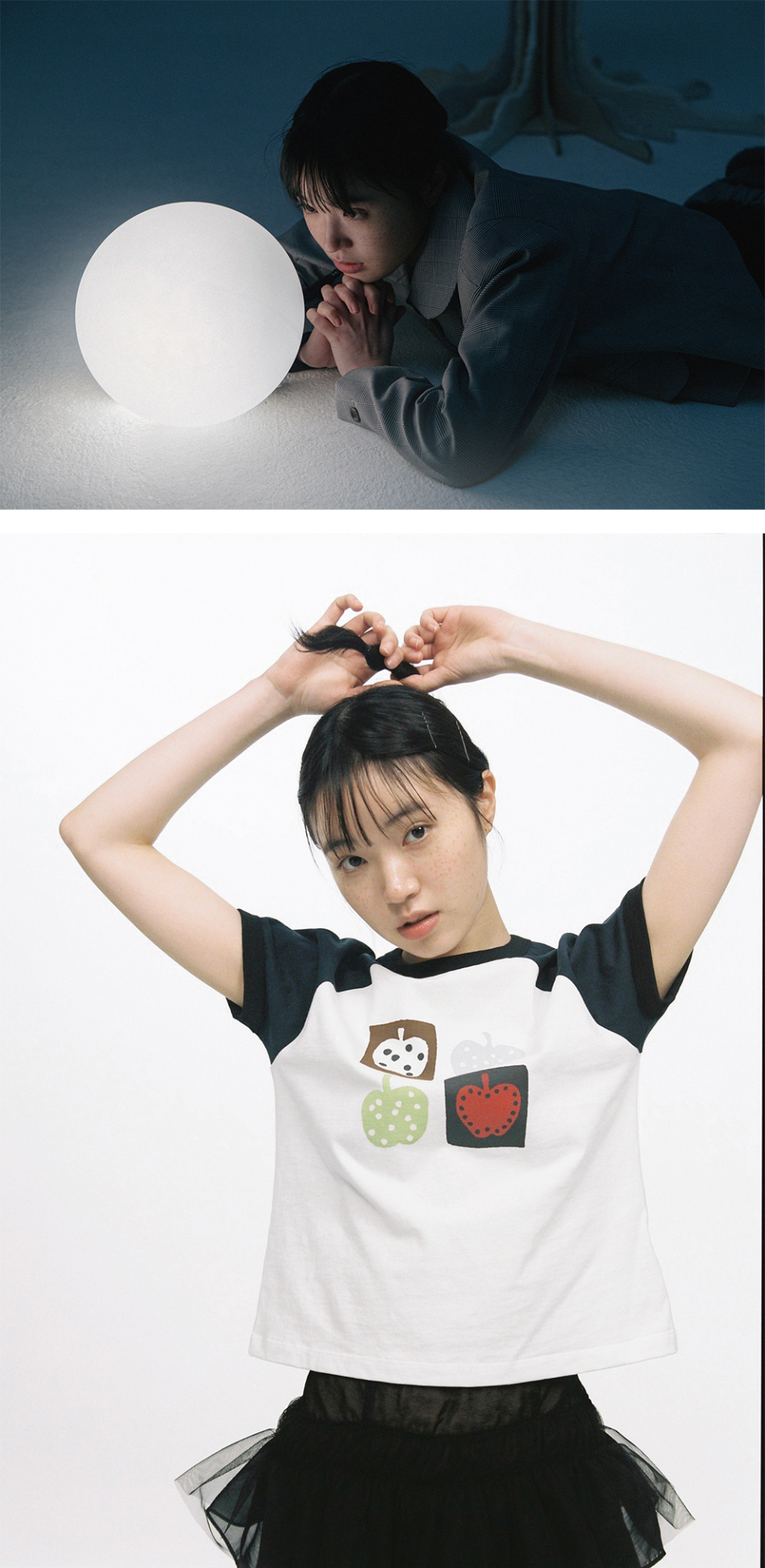 トップス OHESHIO apple raglan t-shirt OHESHIO（オヘシオ） APPLE RAGLAN T-SHIRT WHITE NAVY ネイビー