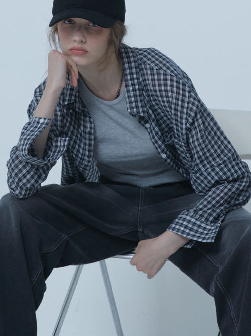 CHECK SEE THROUGH COVER UP SHIRTS NAVY