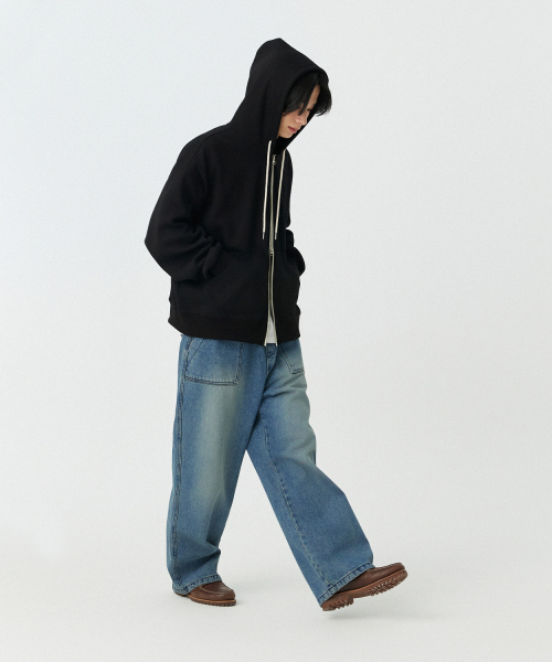 [M~4XL] Вафельное худи 2-way на молнии_Black