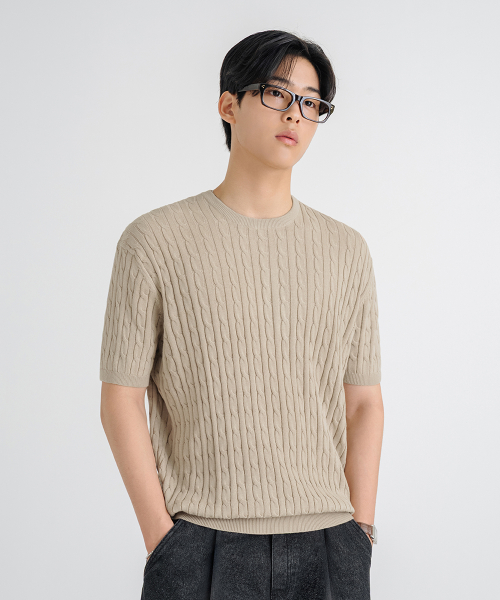 Оверсайз washable crew-neck кабельный вязаный топ [Beige]