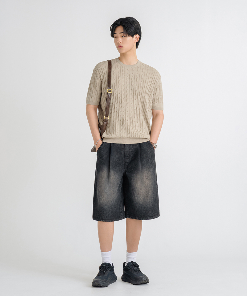 Оверсайз washable crew-neck кабельный вязаный топ [Beige]