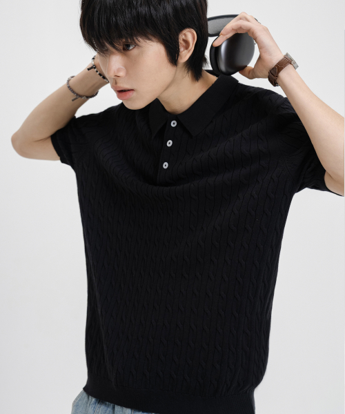 OVERFIT WASHABLE COLLAR NECK CABLE SHORT SLEEVE KNIT [BLACK]