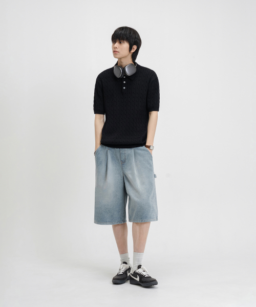 OVERFIT WASHABLE COLLAR NECK CABLE SHORT SLEEVE KNIT [BLACK]