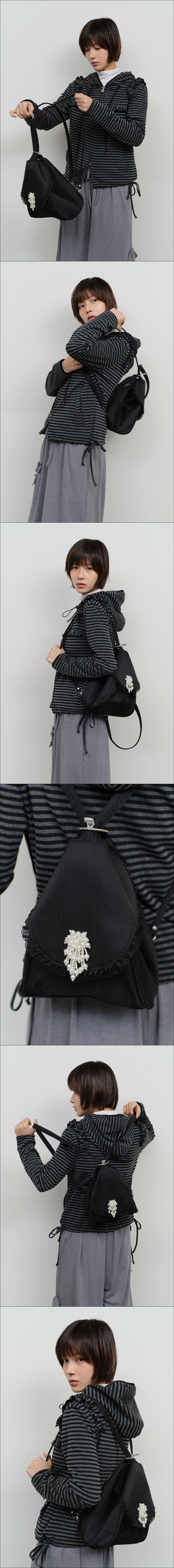 TYPESERVICE ♥ Pearl Trim Ruffled 2-Way Bag/追跡付 타입서비스(TYPESERVICE) Pearl Trim Ruffled 2-Way Bag [Black