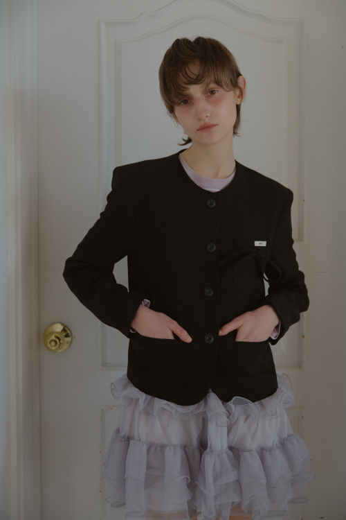 ROUND NECK RIBBON JACKET_BLACK