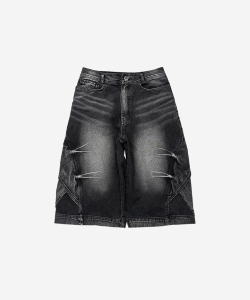 Curved cover cargo bermuda washing denim pants