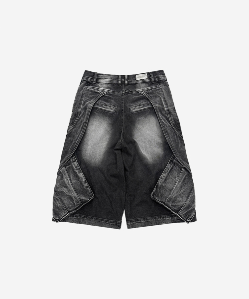 Curved cover cargo bermuda washing denim pants