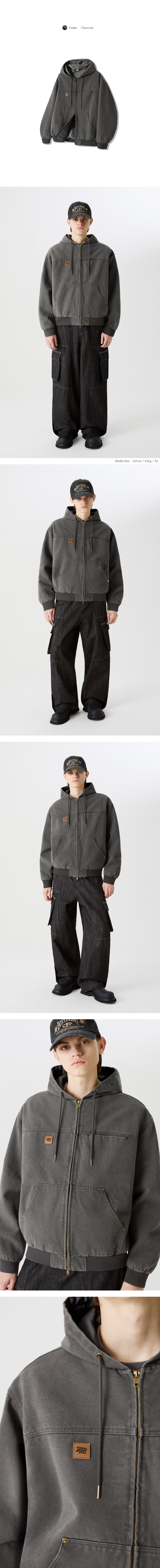 MUSINSA | TRILLION Vintage Washed Canvas Work Hooded Zip-Up
