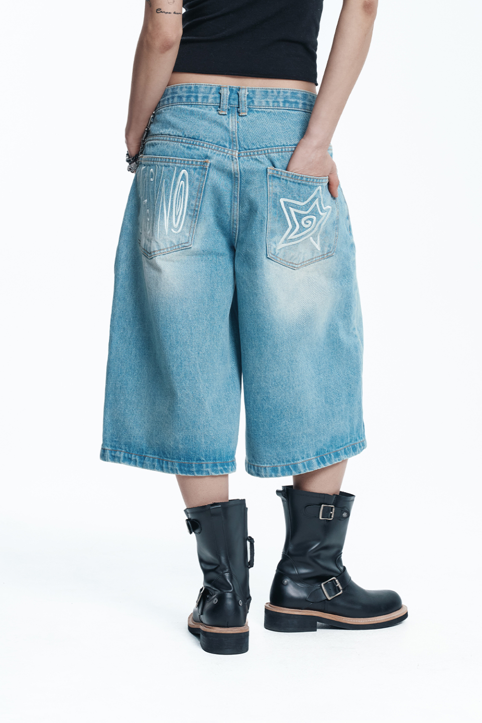 MUSINSA | EASY NO EASY Star 8-part denim bermuda pants