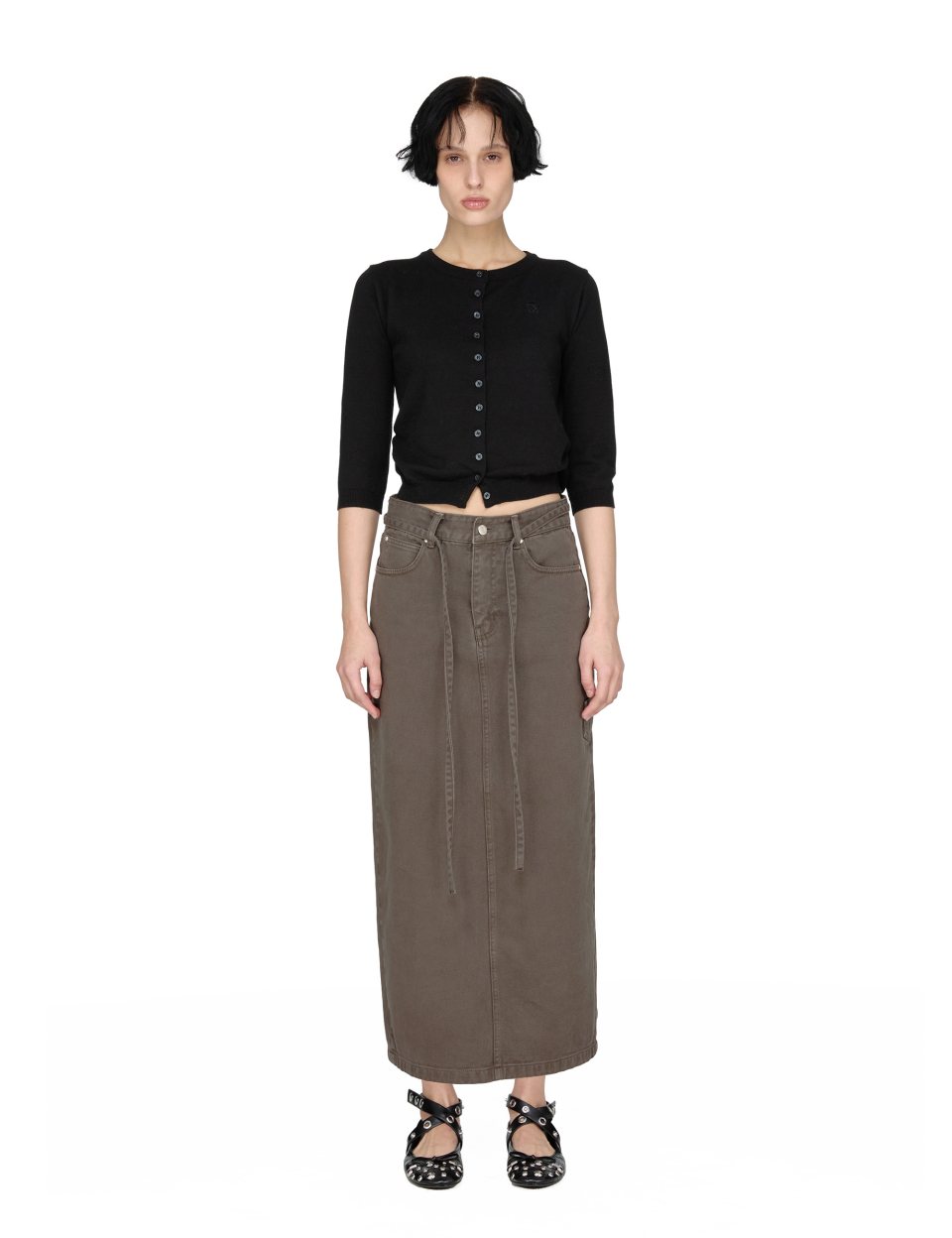 MUSINSA | SUNBURN PROJECT String Color Denim Maxi Skirt, BROWN