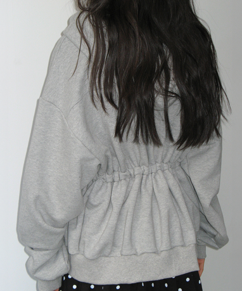 Pendant shirring hoodie zip up grey