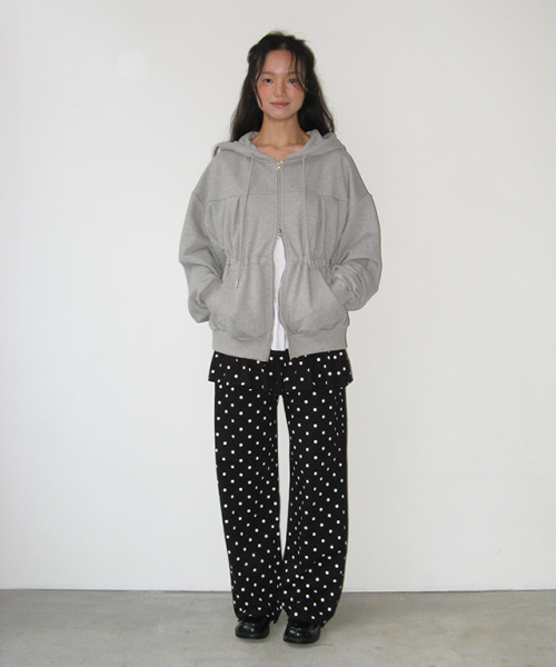 Pendant shirring hoodie zip up grey