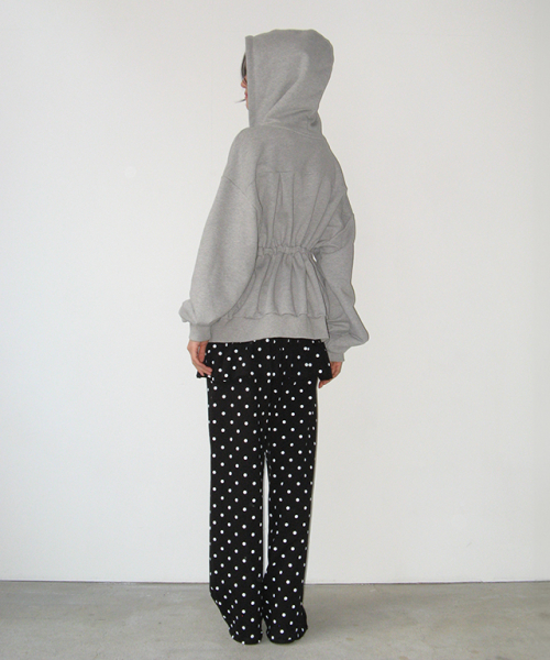 Pendant shirring hoodie zip up grey