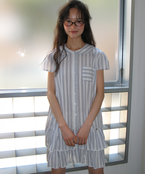 ROUND COLLAR FRILL KANGKANG SHIRT DRESS BLUE STRIPE view 2