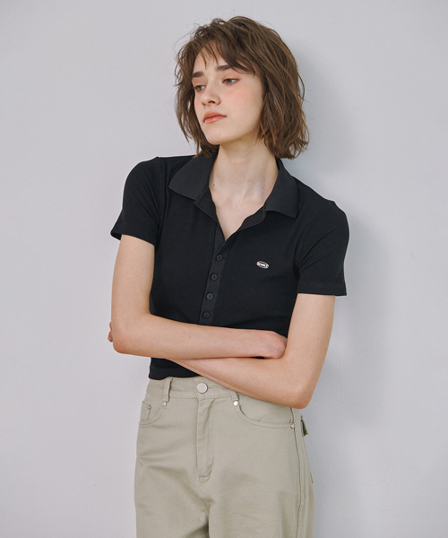 Slim Button Collar T-Shirt (Black)