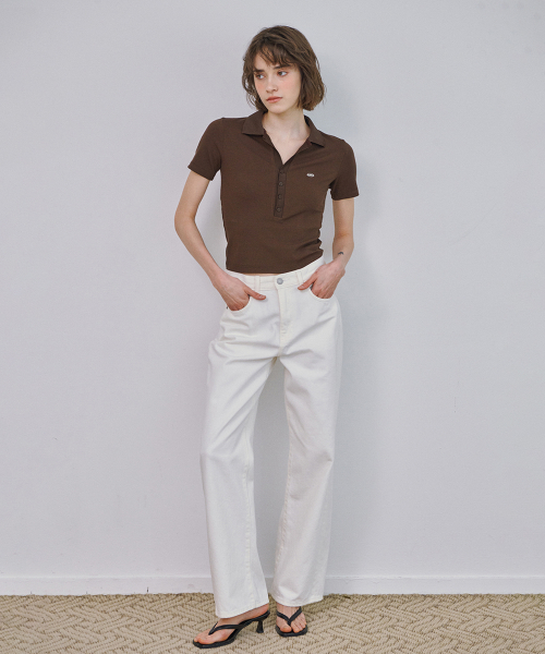 Slim Button Collar T-Shirt (Brown)
