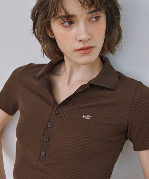 Slim Button Collar T-Shirt (Brown)
