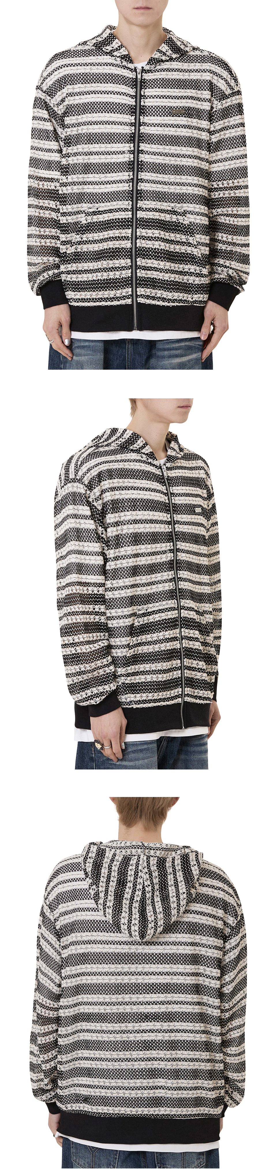 MUSINSA | OY LOGO STRIPED CROCHET HOODIE ZIP UP - BLACK