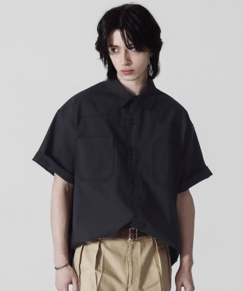 Western HBT Cotton Overfit Short Sleeve Shirt (Black)